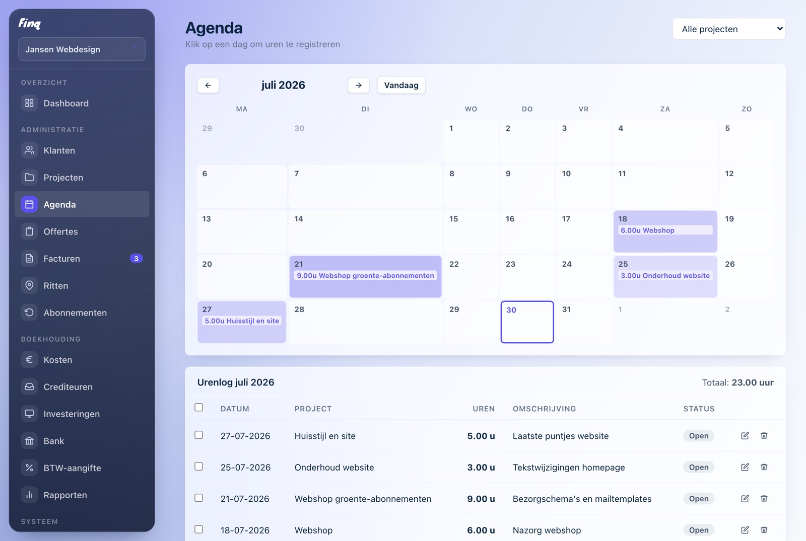 De agenda van Finq: een maandkalender waarvan de dagen meekleuren met geregistreerde uren