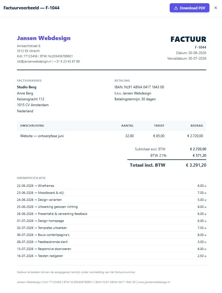 Een factuurvoorbeeld in Finq: PDF met logo, factuurregels, BTW en urenspecificatie