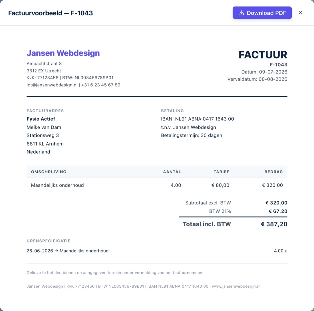 Een factuurvoorbeeld in Finq: nette PDF met factuurregels, BTW en urenspecificatie